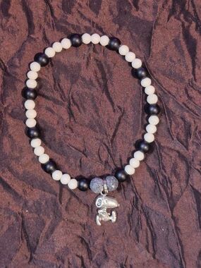 Handmade Black and White Beaded Bracelet with Silver Dog Charm